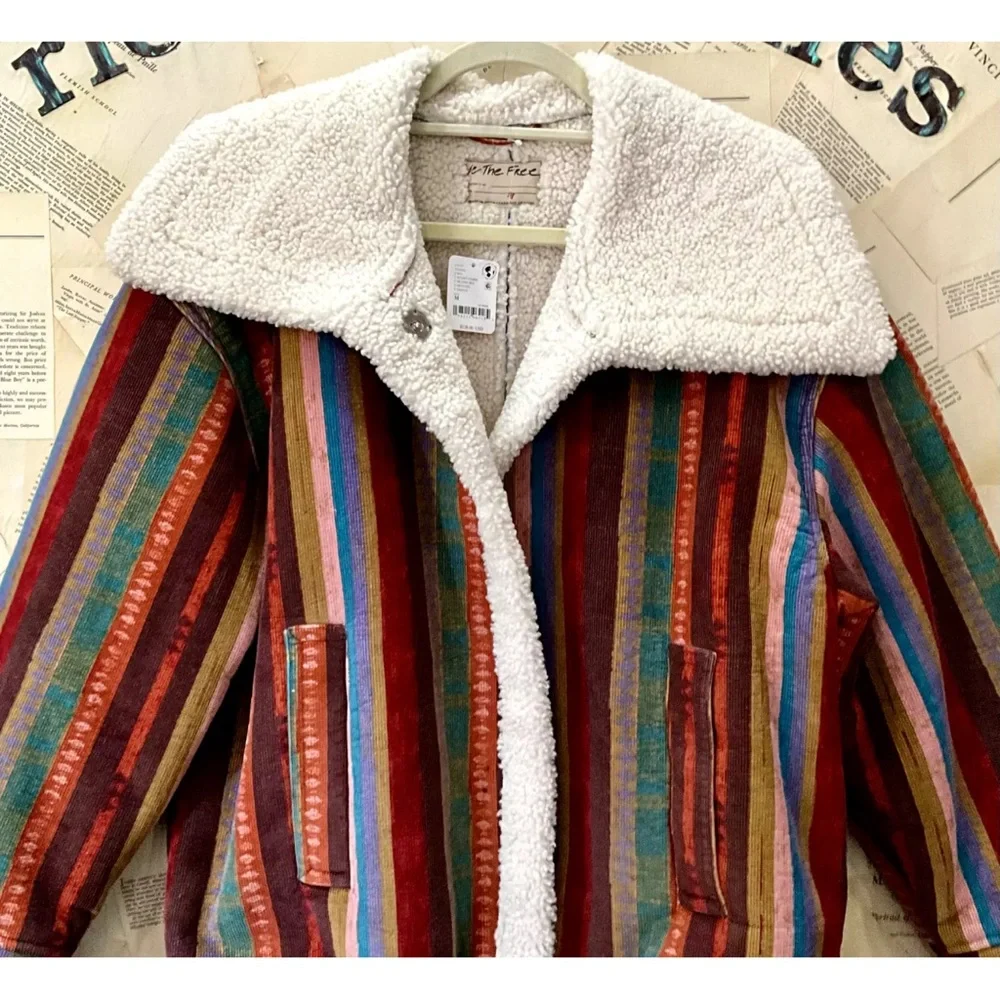 Free People We The Free Corrigan Cozy Cord Jacket Rainbow Stripe Faux Sherpa - Picture 7 of 7